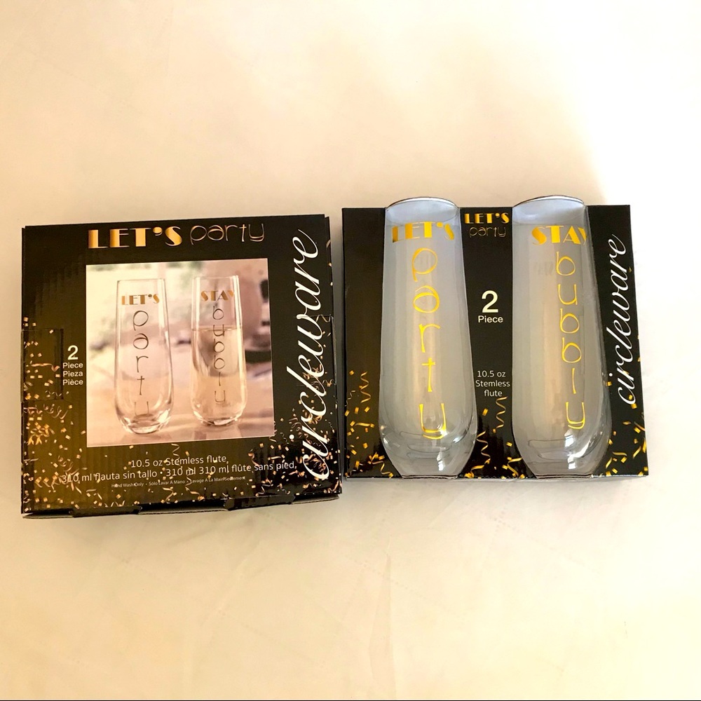 Set of 4 Glass Stemless Flute Glasses. “Let’s Party” & “Stay Bubbly” New In Box